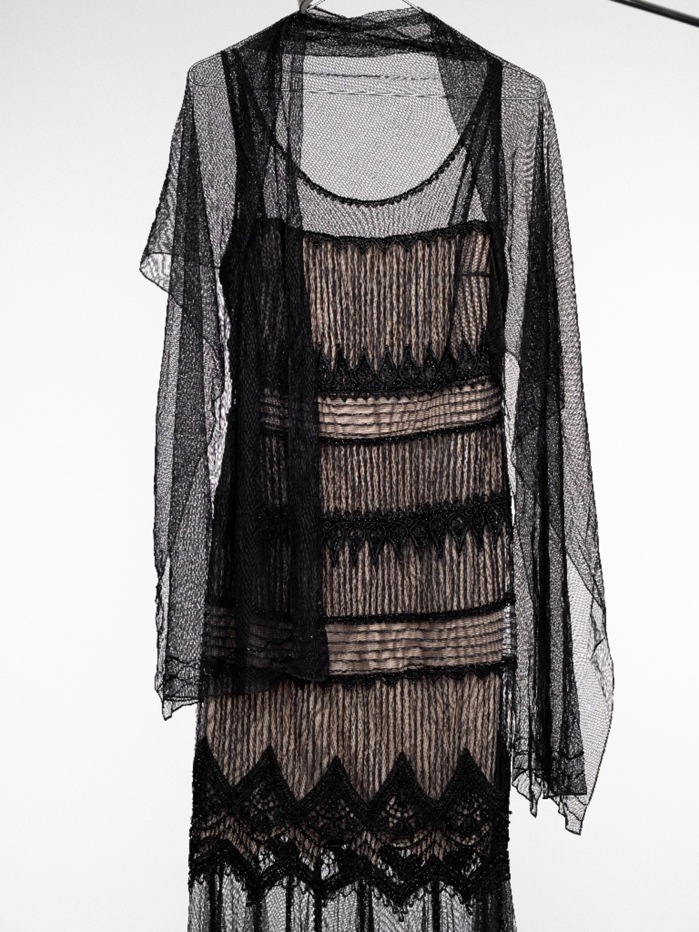VTG Gilar Beaded Lace Illusion Maxi Dress Black Nude Whimsigoth Flapper Wrap